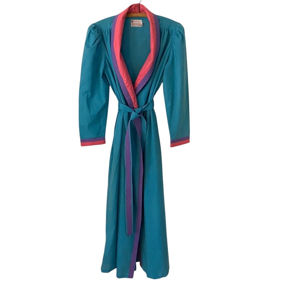 Vintage 1980s Barad & Co Long Robe Turquoise Purple Pink Polka Dots